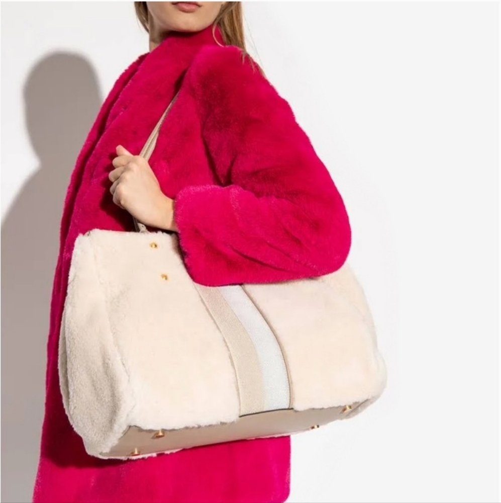 Kate Spade Everything Racing Stripe Faux Shearling Large Tote, Cream Multi - Picture 9 of 10